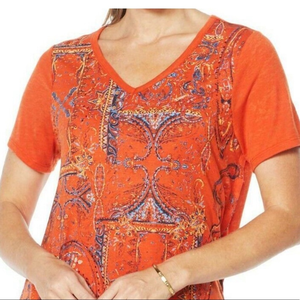 DG2 by Diane Gilman Burnout Printed & Embellished Top Rust Paisley L